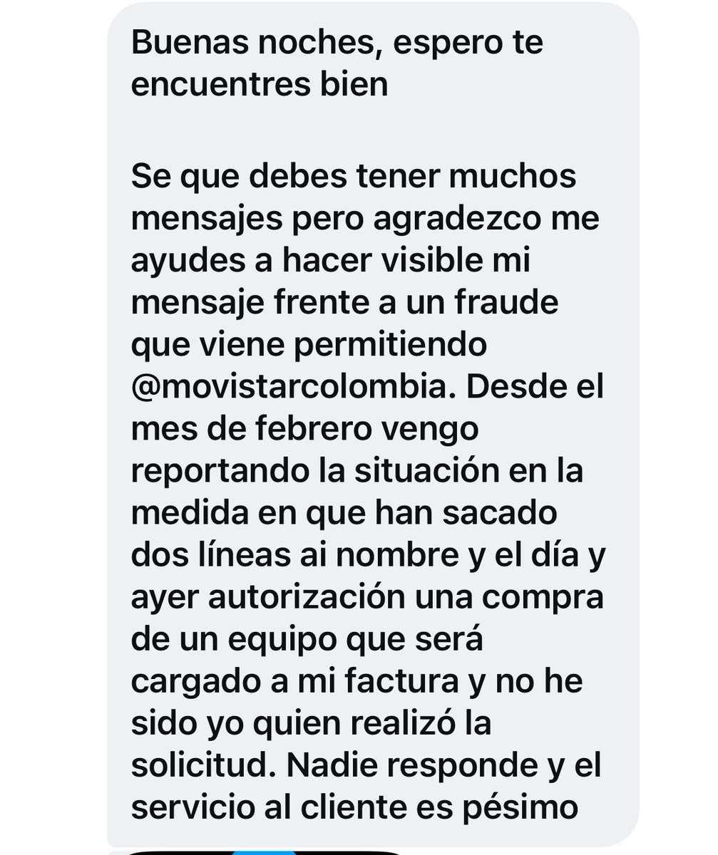 Señores <a href="/MovistarCo/">Movistar Colombia</a> no es la primera vez que leo quejas de personas a las que les han sacado líneas de celular y un equipo a su nombre. ¿Acaso ustedes no verifican?  

Acá les tengo un caso de alguien que además les ha escrito a ustedes y no le han prestado atención. Señores