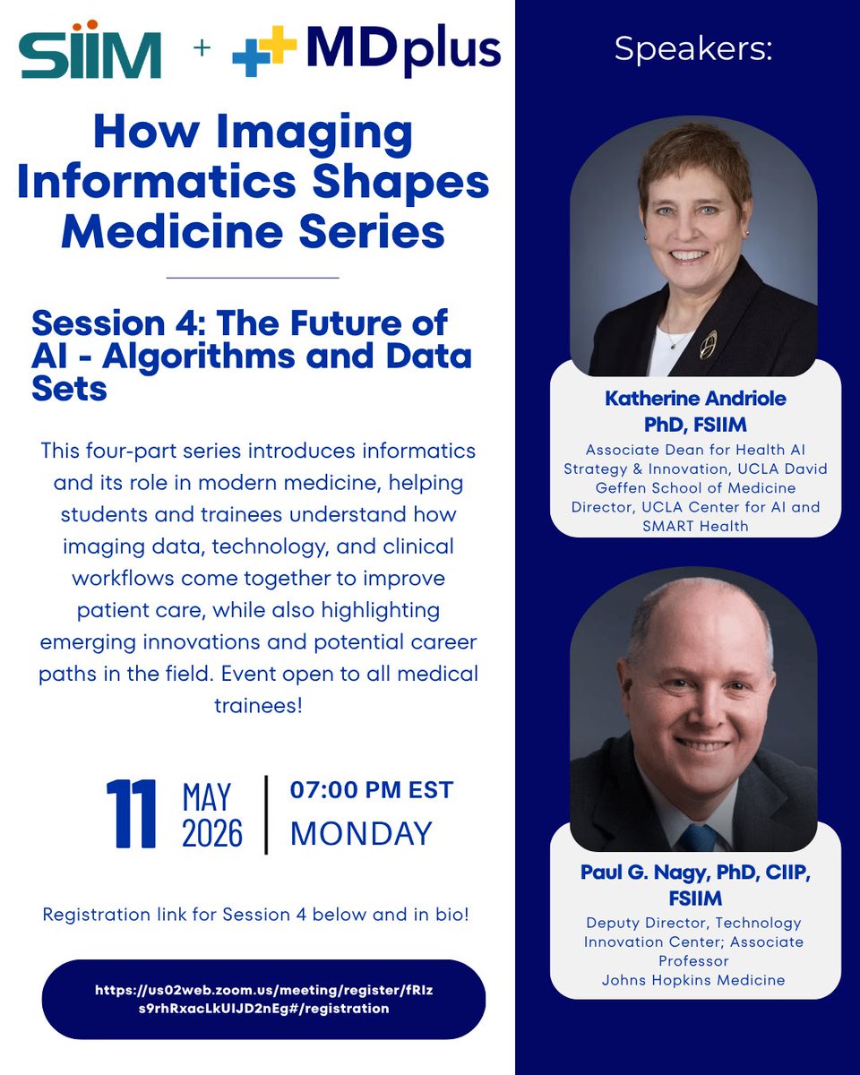 mdplus__'s tweet photo. SIIM x MD+ | Session 4 - The Future of AI - Algorithms and Data Sets

Learn how high-quality, clinically, meaningful data sets are developed and validated! 

🗓️May 11, 2026 ⏰ 7:00 PM EST

Register: https://t.co/ogT0GItQqr 

Link in bio!

#data #algorithms #imaging #AI #medicine https://t.co/rr2GSL7nw9