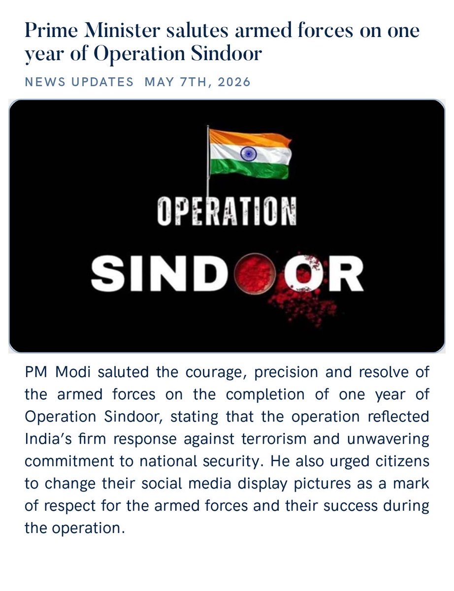 Prime Minister salutes armed forces on one year of Operation Sindoor.

nm-4.com/oGMD9x 

via NaMo App