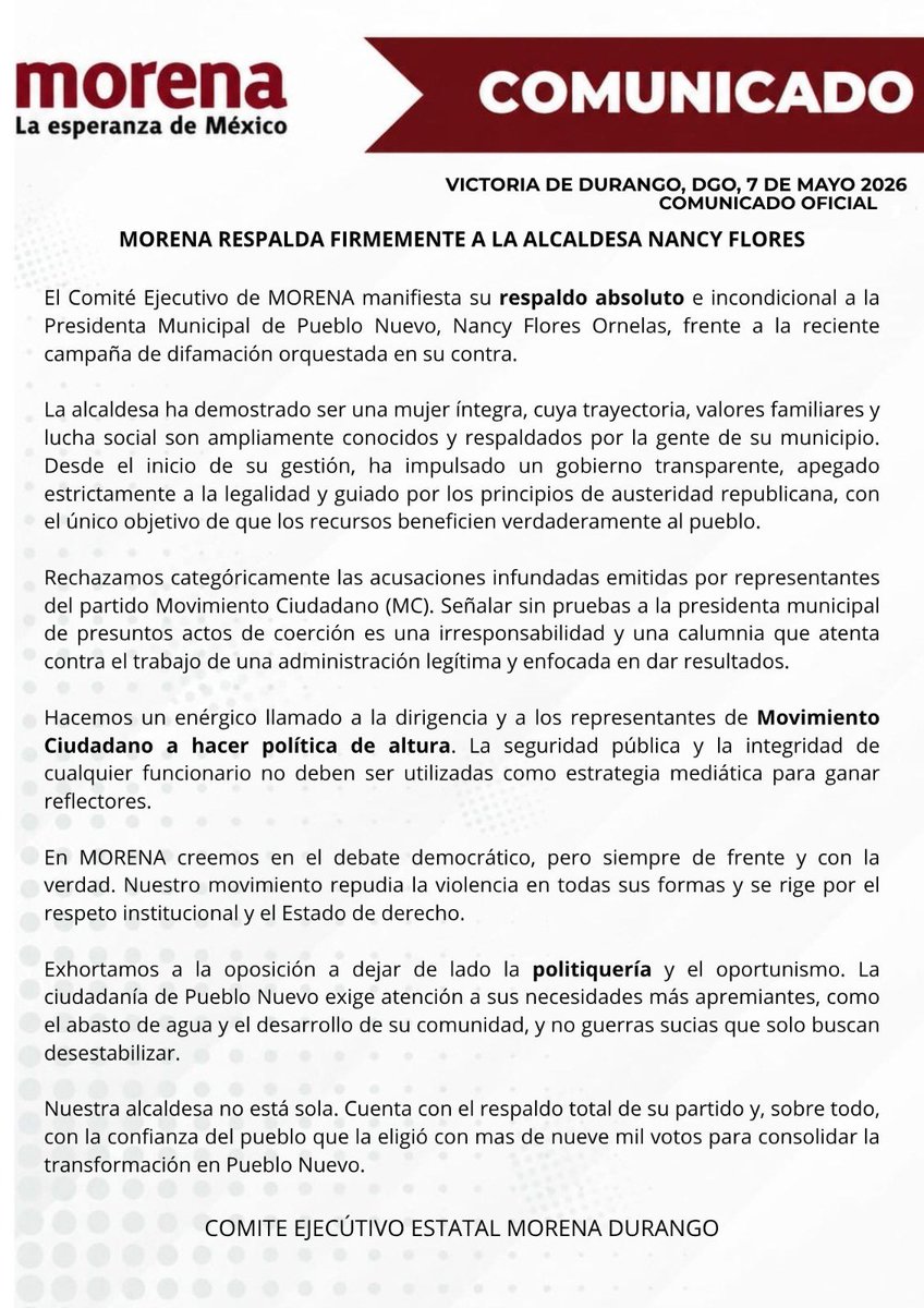 DurangoMorena's tweet photo. 📄 El Comité Ejecutivo de MORENA expresa su respaldo total a la presidenta municipal de Pueblo Nuevo, Nancy Flores Ornelas, ante la campaña de difamación en su contra. https://t.co/SKJL8xVNe1