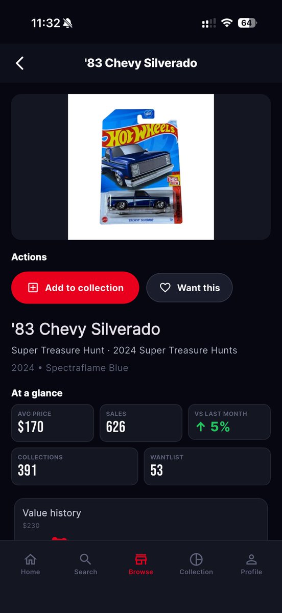 HWPriceGuide's tweet photo. Just a year ago the 2024 Hot Wheels 83 Chevy Silverado Super Treasure Hunt dipped down to just $90 before skyrocketing back up to $179 today. Do you have this car in your collection? https://t.co/I62aBHOYdC