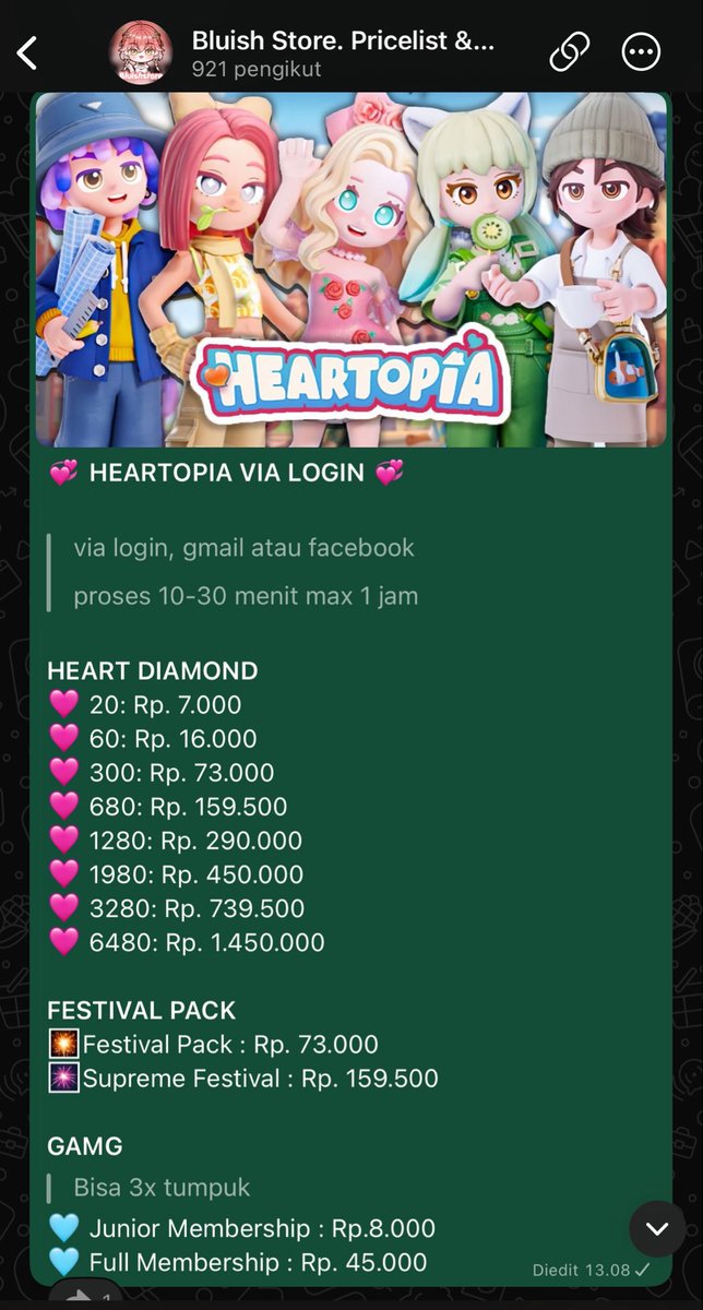 backupbluish's tweet photo. 🩷TOPUP HEARTOPIA🩷

bluish bawain harga topup kebutuhan heartopia kamu😋 tentunya dengan harga terjangkau, bisa cek dibawah ini. jika berminat langsung contact bluish ia~

[ Contact Person &amp; Testimoni ]
☎️ https://t.co/hp223AonKn 

t. #zonauang topup heartopia murah, gamg https://t.co/BGmXEszBVB