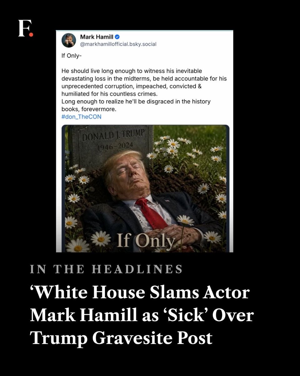firstpost's tweet image. The White House sharply criticised Mark Hamill after an AI-generated image depicting Donald Trump lying in a shallow grave was shared on the actor’s verified Bluesky account.