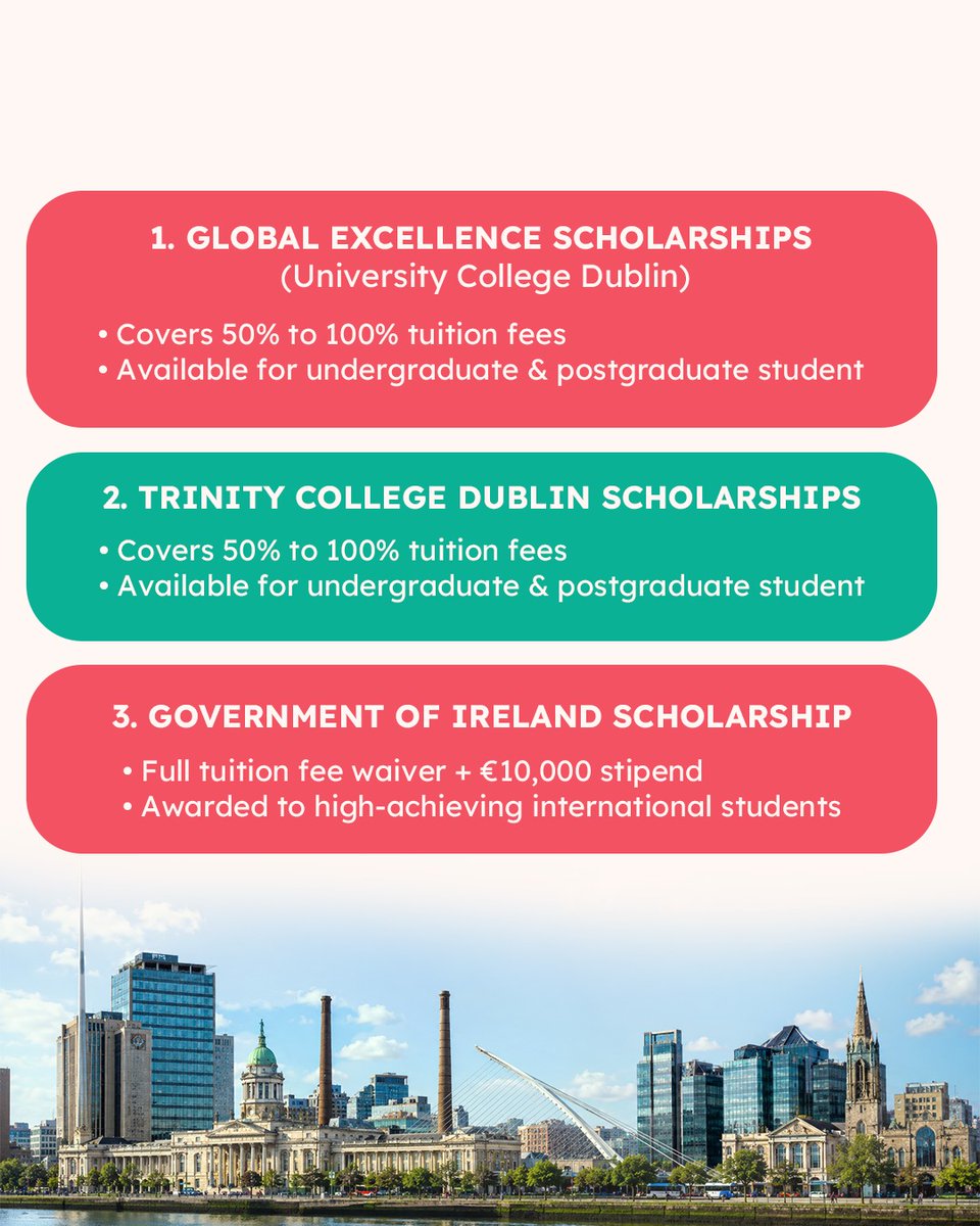 studynxtabroad's tweet photo. 🎓🇮🇪 Want to study in Ireland?

Explore top scholarships for international students including:
✅ Tuition fee waivers
✅ UG &amp; PG programs
✅ Global career opportunities

#StudyInIreland #IrelandScholarships #StudyAbroad #InternationalStudents #Scholarships #IrelandEducation https://t.co/OYFVtiyNEh