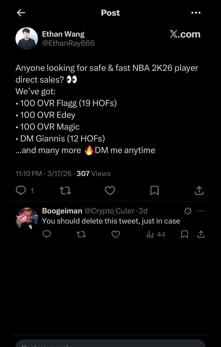 cyz9893's tweet photo. “Just opening packs” is crazy when you were allegedly pushing unofficial MyTEAM card/player sales and taking a 15% fee.

You knew exactly what you were doing.

Don’t profit off black-market deals, get people banned, then cry to 2K Support.

Good ban. https://t.co/yWIUiG4Vul