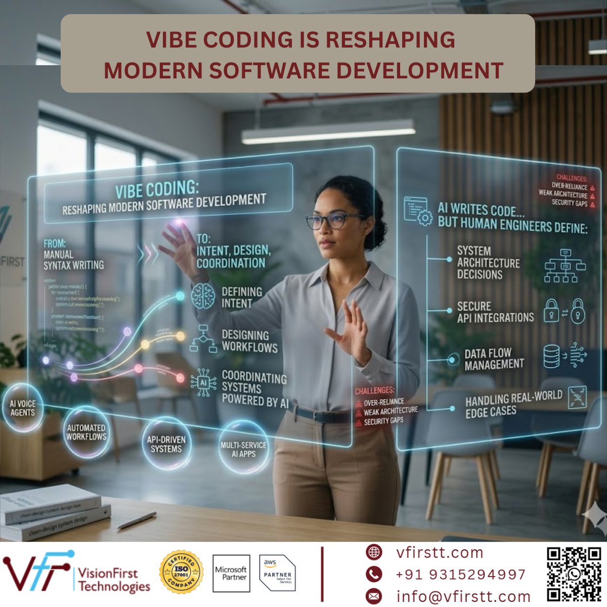 vfirstt's tweet photo. “Vibe Coding” is changing software development.

Developers are shifting from Writing syntax to Designing AI-powered systems, workflows &amp; automations
AI accelerates development, but it still can’t replace:
❌ Architecture decisions
❌ Secure integrations

#AI #VibeCoding #vfirstt https://t.co/VCVkYC0o7r