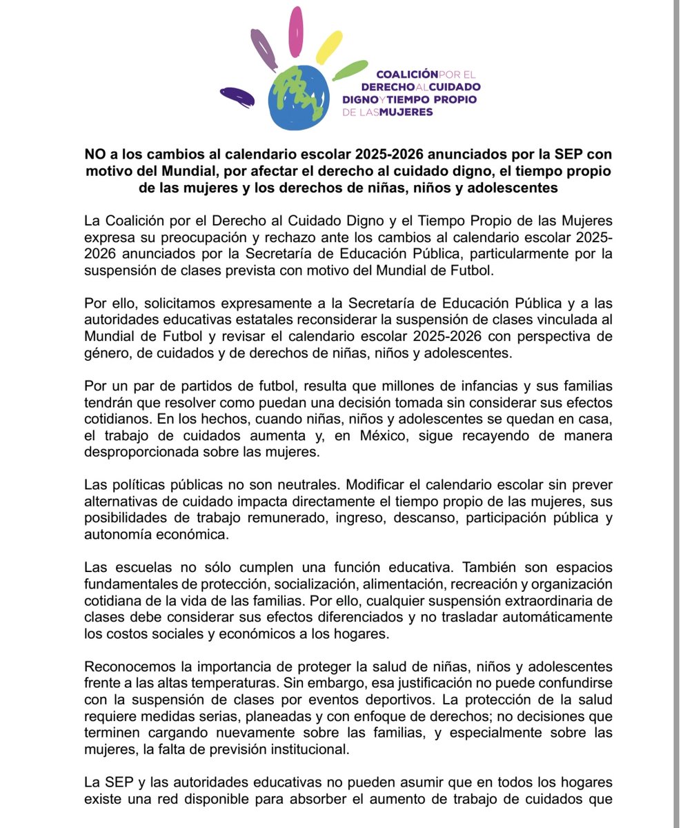 oxfammexico's tweet photo. Nos sumamos a la petición de la Coalición por el Derecho al Cuidado Digno y Tiempo Propio de las Mujeres a la @SEP_mx para reconsiderar los cambios al calendario escolar. 
#LosCuidadosAlCentro
#NoALaModificaciónDelCalendarioEscolar https://t.co/GiFL5Z9FnY