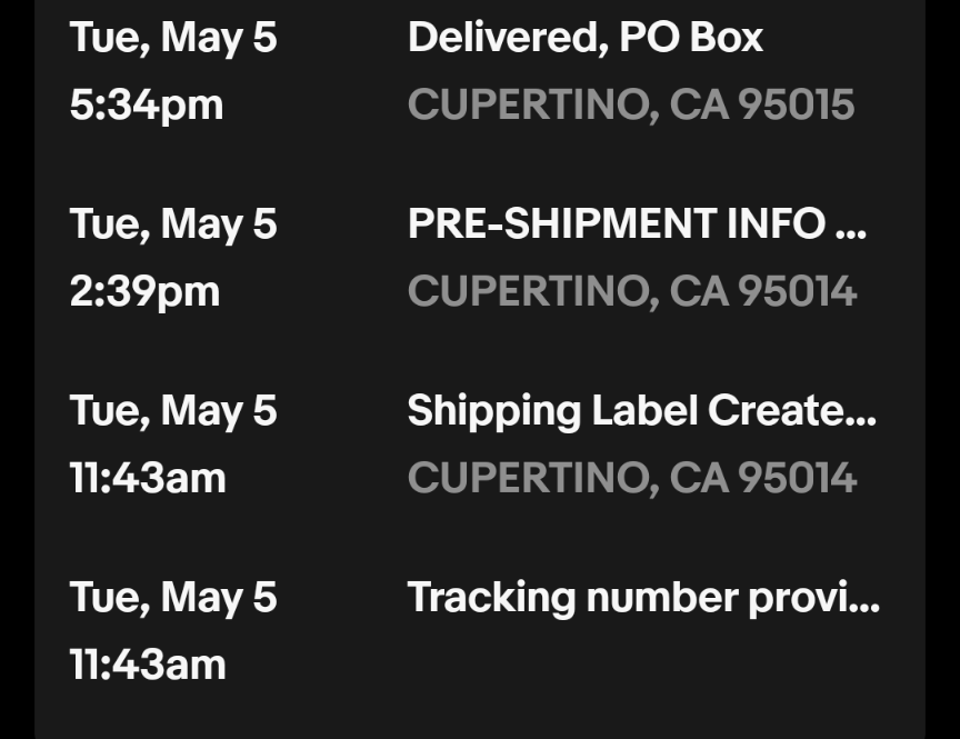 cuenre's tweet photo. dear @USPS i was sent a pkg, says it was delivered BUT it wasn't! not only do i NOT live in Cupertino at a POBox, i doubt it was delivered the exact same day it was mailed ☹️
i actually live in an entirely different city &amp; haven't yet rec'd this, what say you? 🤷🏻‍♀️ https://t.co/AKLwIv1KBD