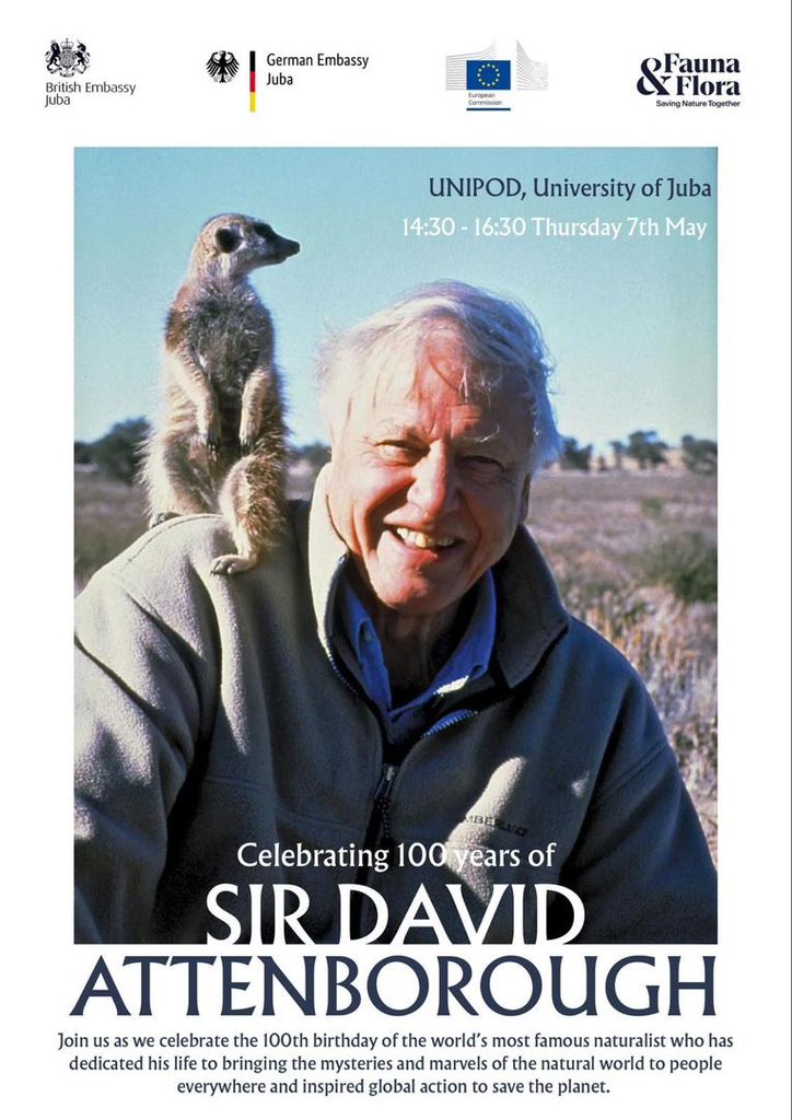 Davidwillashley's tweet photo. Happy 100th Birthday 🎂 to the 🌎’s greatest champion of nature 🦒🦜🦎, Sir David Attenborough!

To celebrate, we showed his inspiring "A Life on our Planet” at Juba University &amp; discussed how to protect 🇸🇸's precious wildlife with @FaunaFloraInt whose vice-president is Sir David https://t.co/0pbQyxbMZT