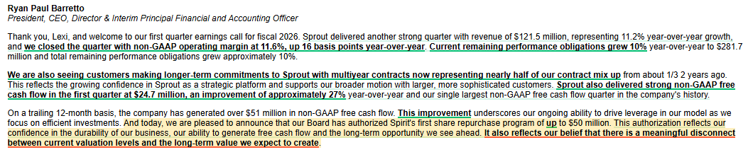 CVCResearch's tweet photo. $SPT posted a modest beat/raise in Q126, but more importantly IMO, announced a $50M buyback (against a ~$450M mkt cap). At 0.75x EV/S &amp; 6x EV/FCF on '26 for ~10% top line growth and margin expansion, this is way too cheap and it's good to see the company finally stepping up https://t.co/41pkPAOlZJ
