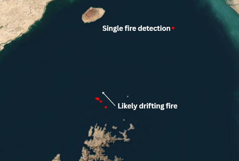 RT_com's tweet photo. NASA FIRMS satellite detects MULTIPLE FIRES across Hormuz following tonight's US-Iran exchange of ATTACKS

'LIKELY DRIFTING FIRE' signatures consistent with possible 'BURNING VESSELS' https://t.co/ZFqWUcAo9Z