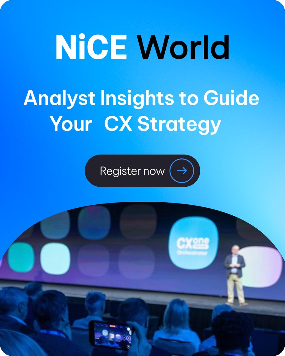 sachsunny's tweet photo. What does real AI impact in CX actually look like?

At NiCE World 2026, analysts from IDC, Omdia, Frost &amp; Sullivan and more break down what’s actually working.

Don't miss out → https://t.co/oupzpH0jIV

#NiCEWorld26 #createaNiCEworld https://t.co/U6UrPuJ2Le
