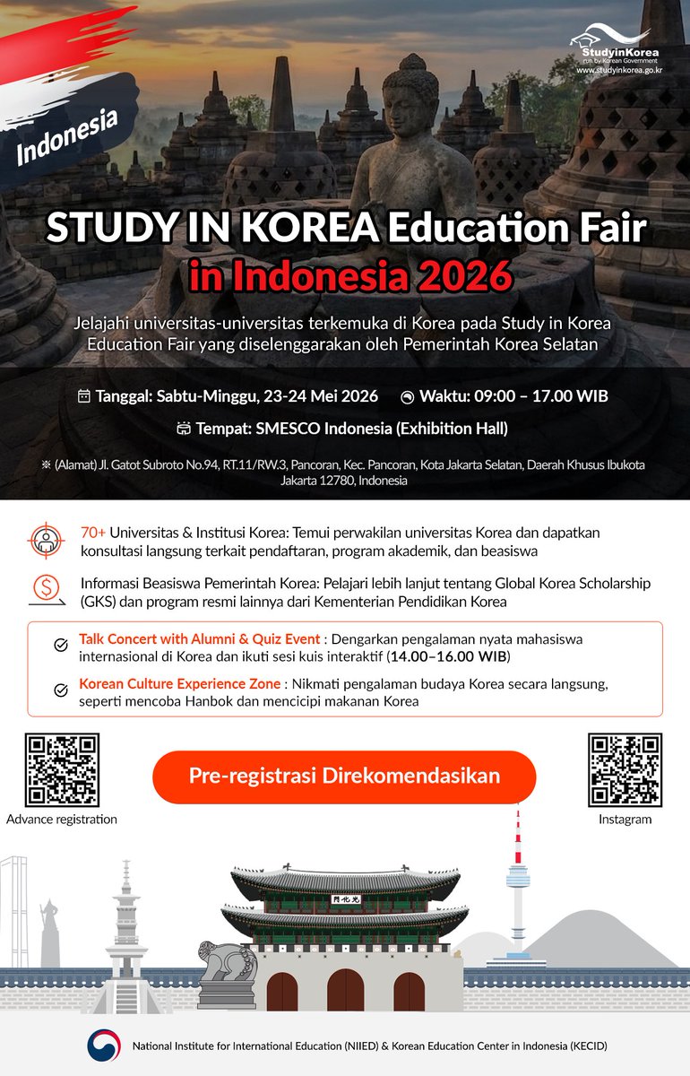Kesempatan kepo sepuas hati buat temen2 yg mau tau info kuliah/sekolah di Korea. Berlaku buat berbagai jenjang pendidikan.

Mau kepoin soal beasiswa pemerintah/GKS boleh bgt!! Mau ngobrol2 jg welcome.

Acara ini diadakan oleh Pemerintah Korea langsung, so kredibel+informatif🎉