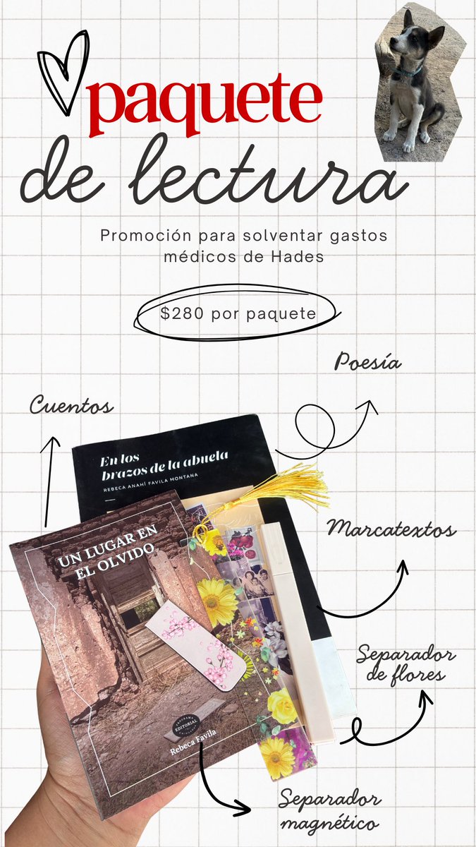 También ando vendiendo mis libros en paquete con cosas bonitas. “En los brazos de la abuela” es poesía y “Un lugar en el olvido” es cuento. Todo para el tratamiento del señor perrito. 📚
