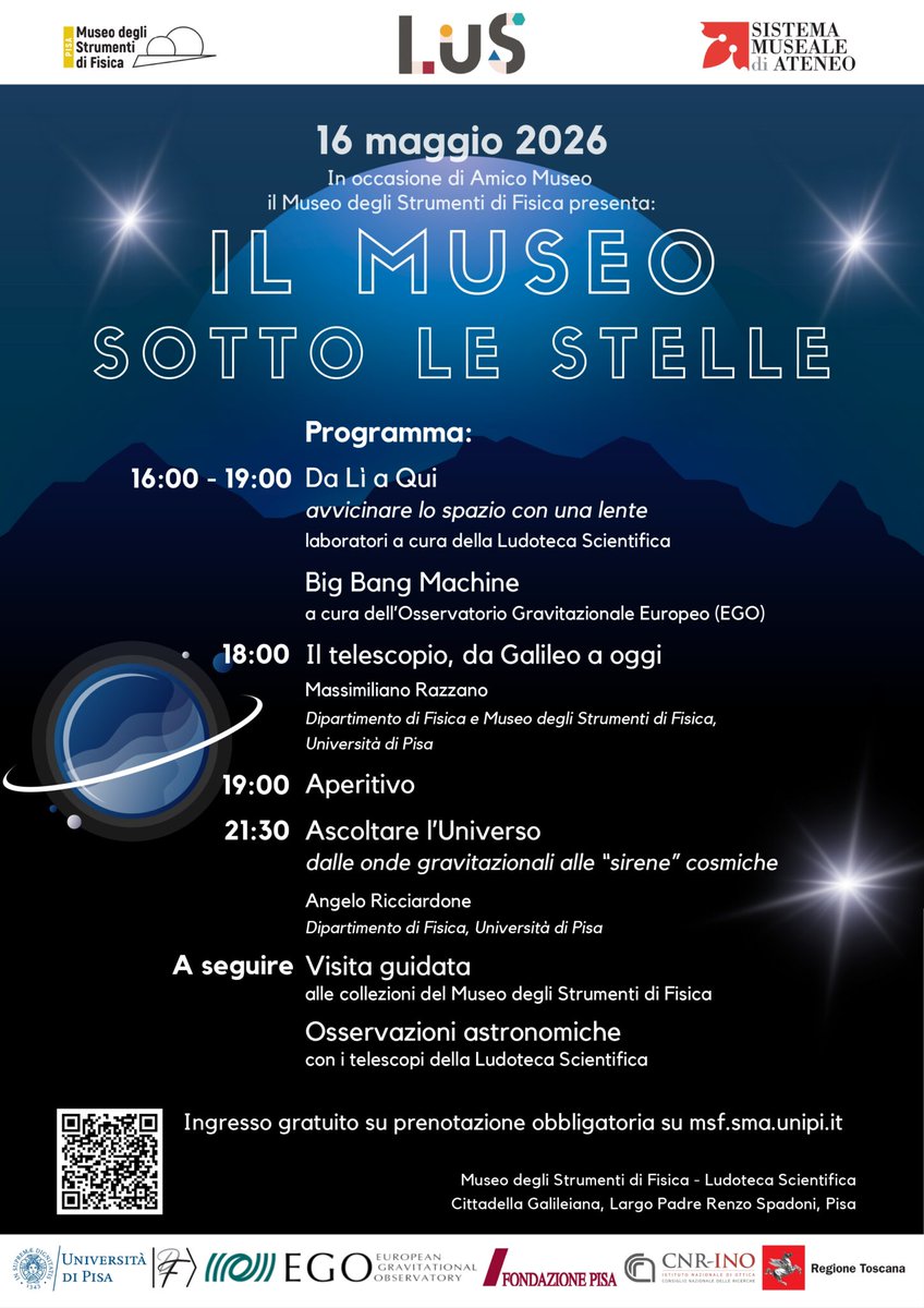 SMA_Unipi's tweet photo. ⭐️✨Il museo sotto le stelle,🗓️16 maggio 2026 dalle ore 16. Laboratori, osservazioni astronomiche e incontri 
https://t.co/QZeuBfjr7A

@Unipisa @ComunePisa @ego_virgo @CNR_INO @regionetoscana @FondazionePisa @iltirreno @qn_lanazione @PisaTurismo @PisaNews @TerrediPisa https://t.co/lu9pYznXl4