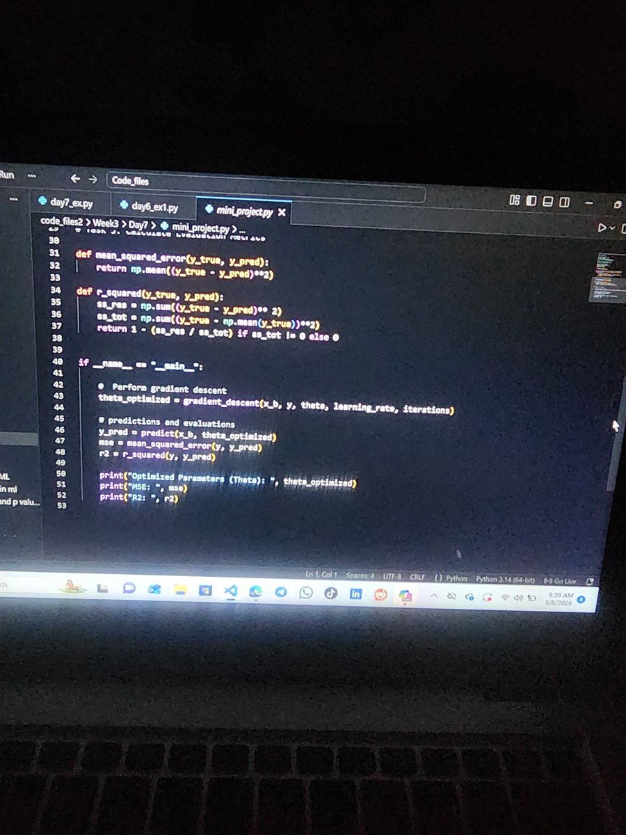Addeshina24's tweet photo. My first mini project 

Task 1: Implementing the Mathematical Formula for Linear Regression

Task 2: Using Gredient Descent to Pptimize the Model Parameters

Task 3: Calculating Evaluation Metrics https://t.co/aGCMRW6v5j