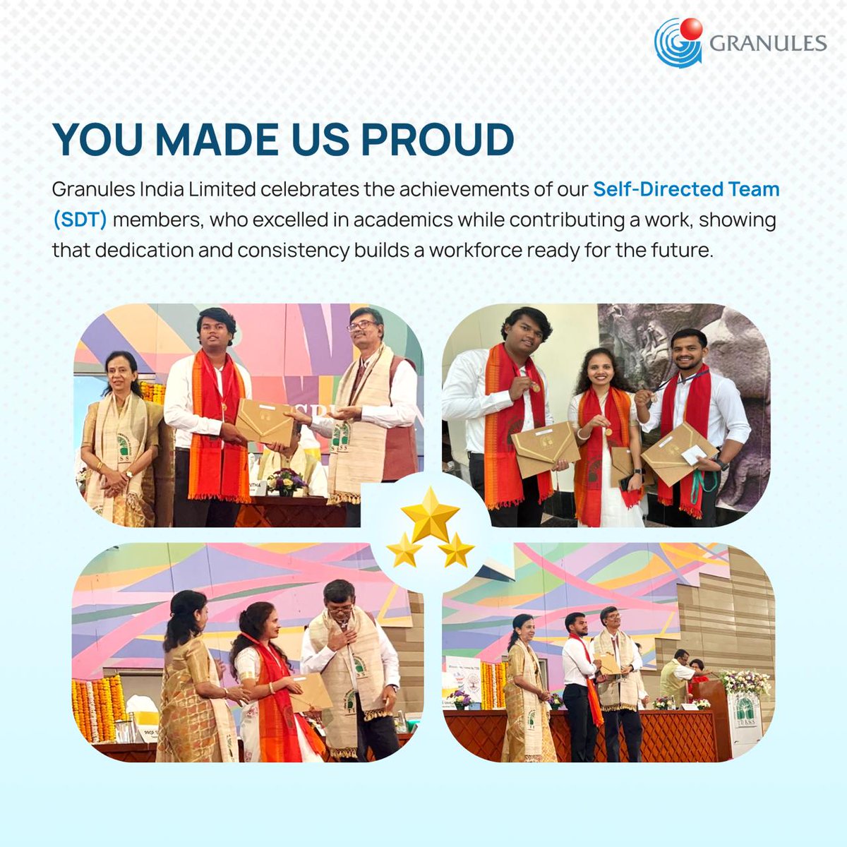GranulesIndia's tweet photo. Over 100 Self-Directed Team (SDT) members at Granules have graduated through our ‘Learn While You Earn’ programme, an initiative that empowers the rural workforce by blending hands-on manufacturing experience with access to higher education. 

This year, we are especially proud to celebrate three exceptional learners who were recognised at the School of Skill Education, Tata Institute of Social Sciences Conferment Ceremony in Mumbai. 

Their journeys reminds us that transformation is inevitable when opportunity meets determination.

#PharmaManufacturing #ManufacturingExcellence #MakeInIndia #FutureOfManufacturing #IndustryReady