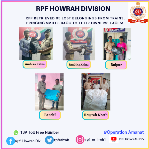 rpferhwh's tweet photo. #OperationAmanat
RPF retrieved 05 lost belongings from trains, bringing smiles back to their owners' faces! @RPF_INDIA @ErRpf @drmhowrah https://t.co/NdDb7Sg3KL