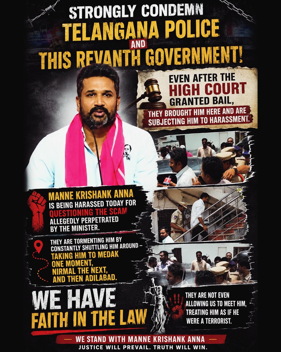 mraviyadav99999's tweet photo. The Congress govt. has arrested Krishank Anna for questioning their scams and exposing their incompetency.
Such cases don’t scare us, Revanth! We will continue to expose your lies.
We stand with @Krishank_BRS Anna ✊
#westandwithkrishank https://t.co/yYmEits6Zf