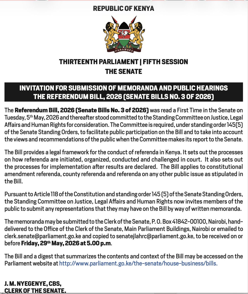 Senate_KE's tweet photo. The Senate Standing Committee on Justice, Legal Affairs and Human Rights is seeking public views on the Referendum Bill, 2026, a proposed law that outlines how referenda in Kenya will be initiated, conducted and implemented. #SenateKE #JLAHRC https://t.co/wwAKn1L0ru