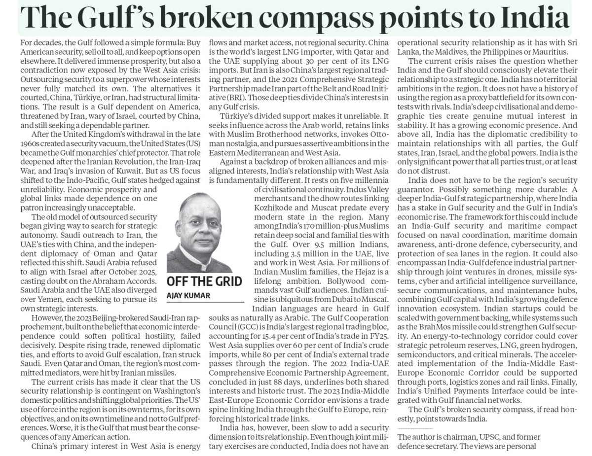 As US priorities shift and Gulf security frays, history may be steering India and the Gulf closer. My article 'The Gulf's Broken Compass Points to India'  in Business Standard today. 
Also online: business-standard.com/opinion/column…