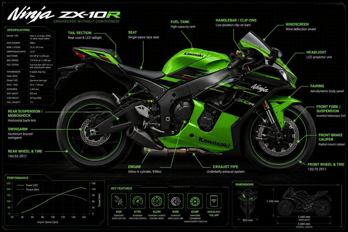 Create a highly detailed technical infographic of a Kawasaki