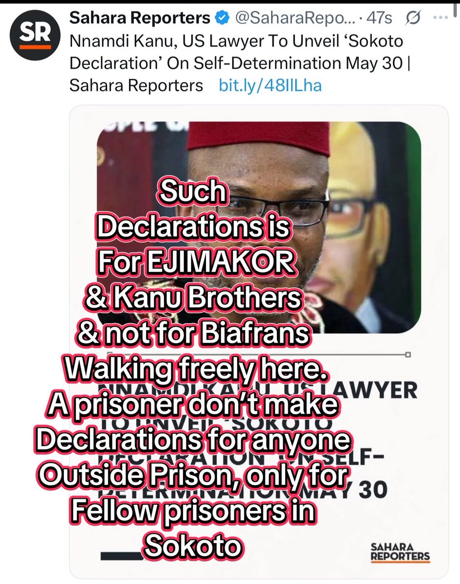 Osino Sokoto declaration? Aloy Ejimakor zukwanuike.  You came with 100 men rhetoric and it didn't work for you,  now it is  Sokoto Declaration with a man who,  a few days back referred to our leader as a Nigerian/British broadcaster, not even a Biafra freedom fighter even after