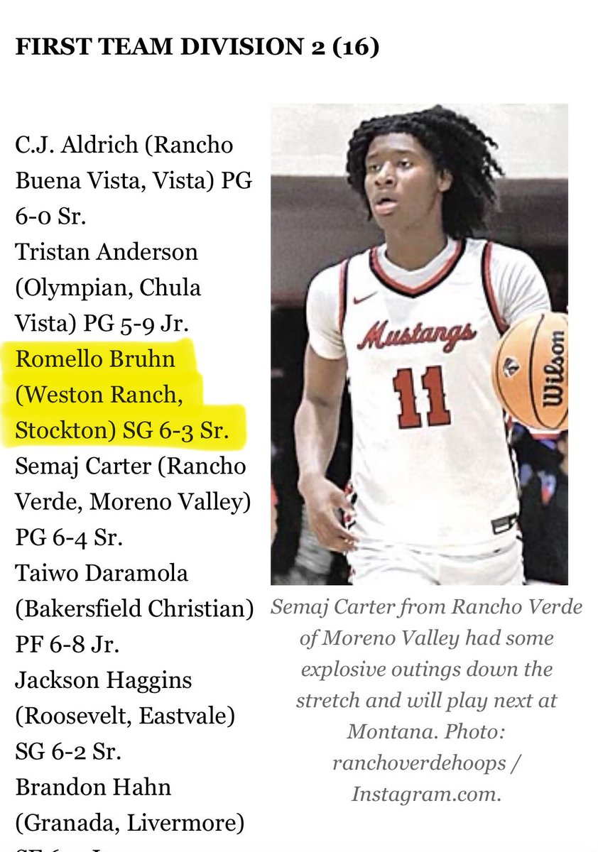 ranchbball's tweet photo. Romello Bruhn wraps up his senior year with another major award making the @CalHiSports D2 First Team All-State! Sensational senior season and a fantastic high school career. Can’t wait to see what the future holds! #Cougs https://t.co/dUg6YBUONf