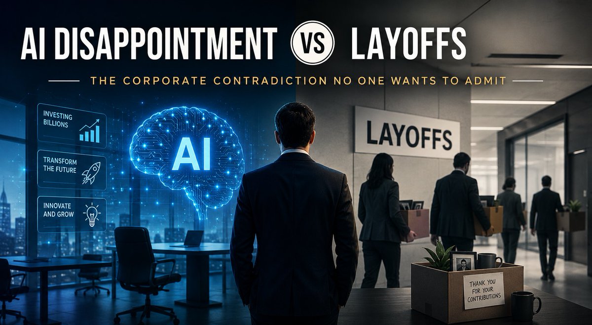 arnabsarkar10's tweet photo. Half of execs say AI adoption is a “massive disappointment.”
So why are AI-driven layoffs accelerating?
The contradiction shaping the future of work 👇
#AI #FutureOfWork #Layoffs #Leadership #GenerativeAI
https://t.co/J0jOaxlSuo via @LinkedIn https://t.co/n9B7PGlSia