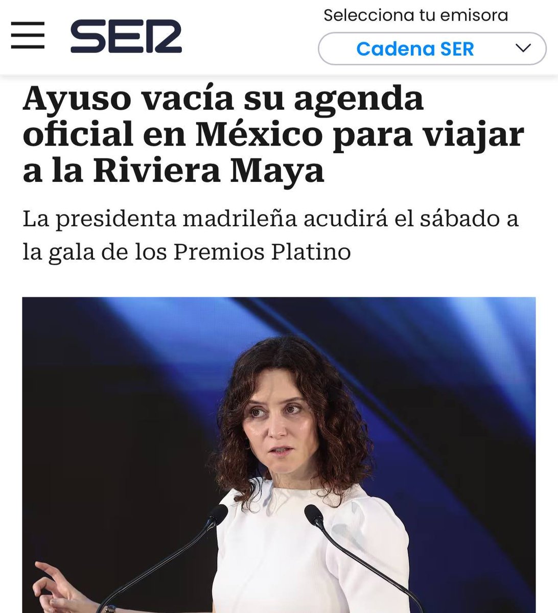 Tras un viaje lleno de abucheos y reproches por blanquear el colonialismo, Ayuso se pira ahora a la Riviera Maya.

La semana “está siendo durilla”, ha dicho. Durilla para los madrileños que pagan sus vacaciones en la Riviera Maya.