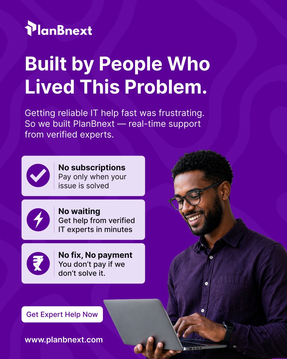 planBnext's tweet photo. Most IT support makes 0 guarantees.
PlanBnext makes 3:
✅ No subscriptions
⚡ No waiting
₹ No fix = No payment
Built by people who lived the problem.
🔗 https://t.co/j4jGbRLGxB
#ITSupport #NoFixNoPayment https://t.co/vk2qCF9IUp