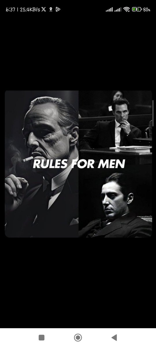 RULES FOR MEN

1. Avoid getting a haircut on the day of a significant event.

2. When someone confides in you, keep their secret.

3. Stick to a routine: sleep early and rise early.

4. Always compliment the meal when you're a guest at someone's place.

5. If you're thinking