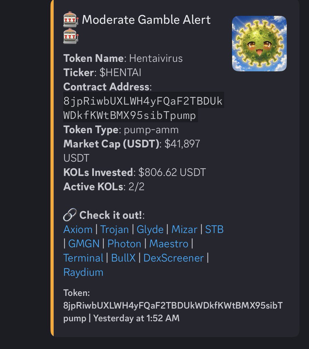 Gm cabal fam 🕵️☀️
Had an outbreak of $HENTAI virus yesterday with surge to millions MC💯 💪
A classical runner 😅 
Market still hot as we got many tokens move to millions including $VINE and $AI with more incoming 
NFTs still available for interested fam 👌 grab and join in