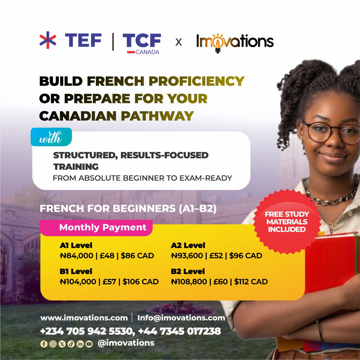 TheImovations's tweet photo. 🇨🇦 Build your French proficiency for TEF Canada & TCF Canada with Imovations.

From absolute beginner to exam-ready (A1–B2).
✅ Structured training
✅ Free study materials
✅ Monthly payment options
✅ Canada immigration focused

Perfect for:
#ExpressEntry #TEFCanada #TCFCanada

📩 Info@imovations.com

📞 +2347059425530