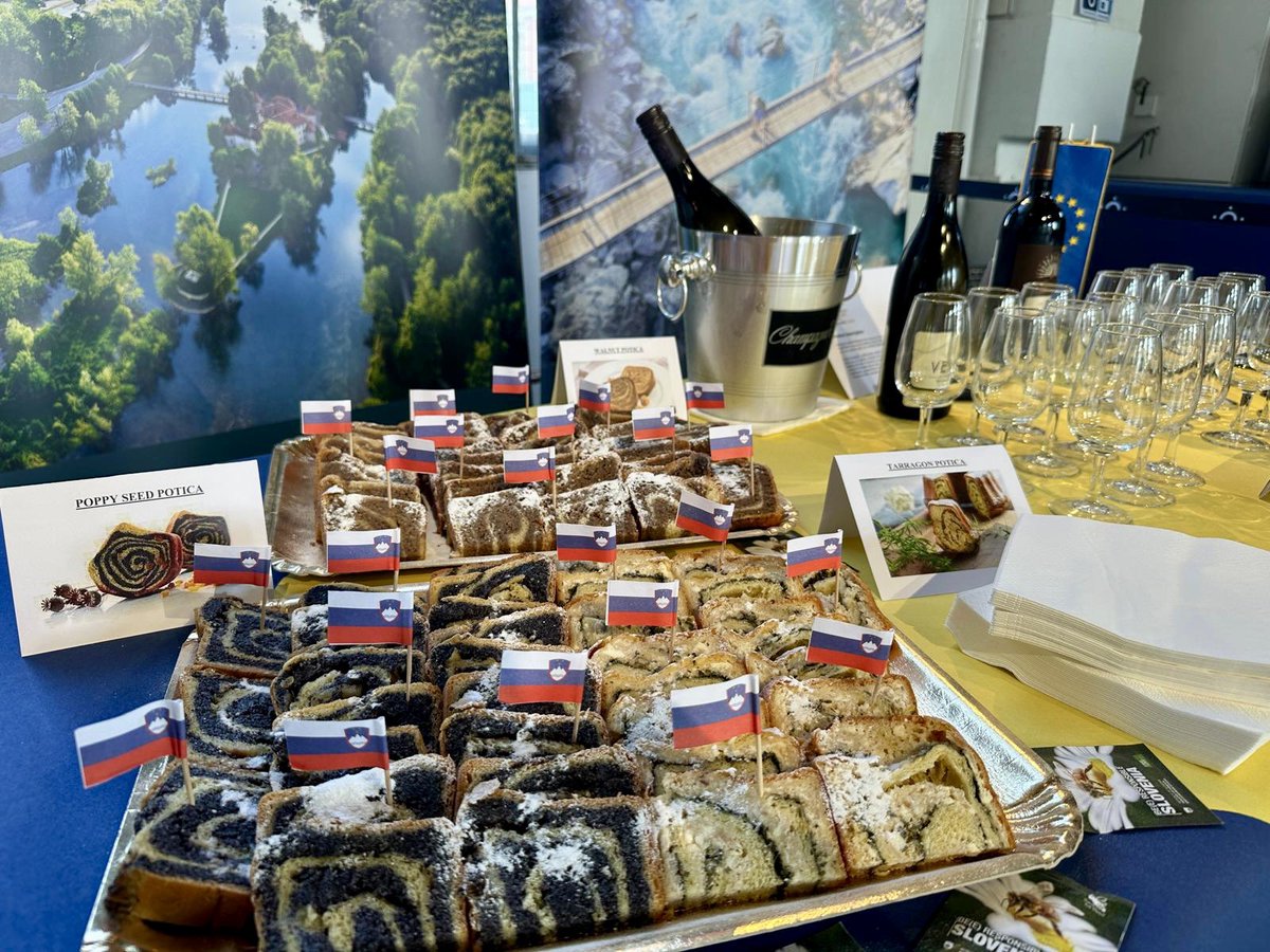 SLOtoUNGeneva's tweet photo. 👋 Greetings from this year’s Europe Day celebrations in Geneva! 🇪🇺

Team Slovenia was proud to join the celebration of European unity, values &amp; cooperation - while sharing a taste of Slovenia through our traditional “potica” and a selection of wine.🍷✨

#TeamEurope 💙 https://t.co/lERrQLhir8