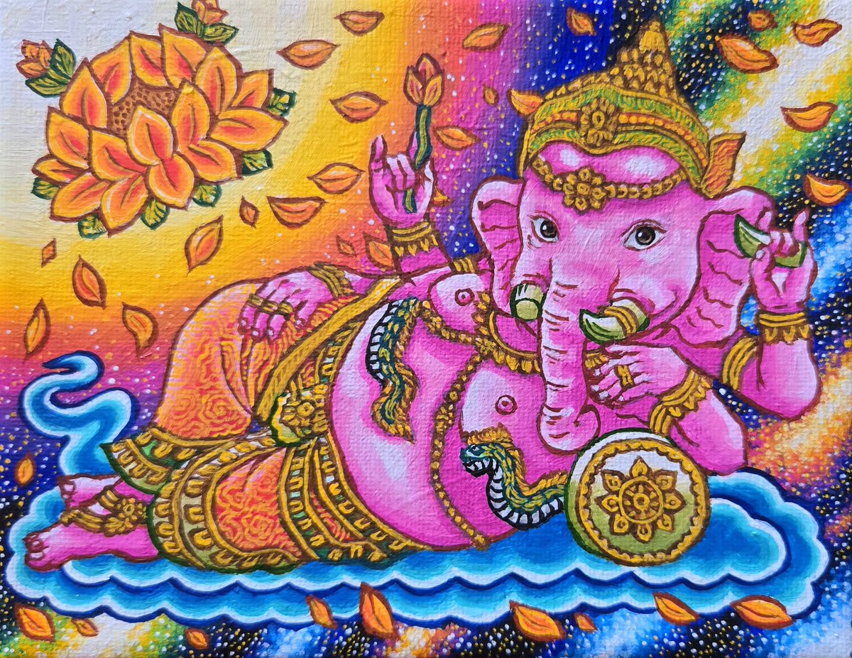 タイのパワースポットであるピンクガネーシャをモチーフにした絵を描き