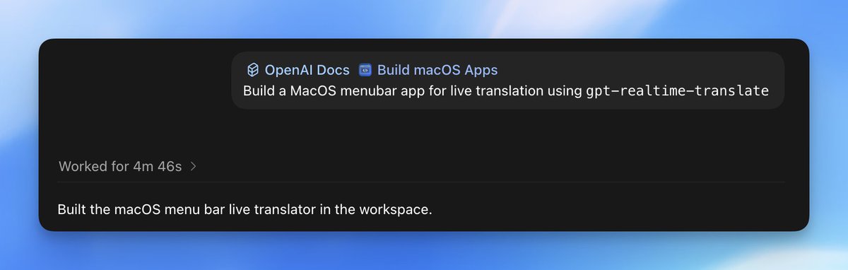 Codex workspace showing a macOS menubar live translator built from an OpenAI Docs skill and a Build macOS Apps skill