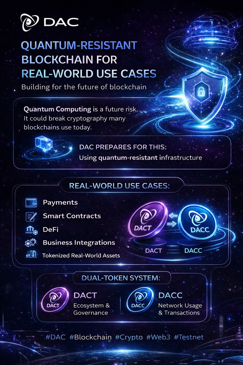Most blockchains are busy solving today’s problems. DAC is already thinking about tomorrow !
One of the biggest future risks for crypto is quantum computing. Powerful quantum machines could eventually break the cryptography that blockchains rely on today.

That’s why DAC is