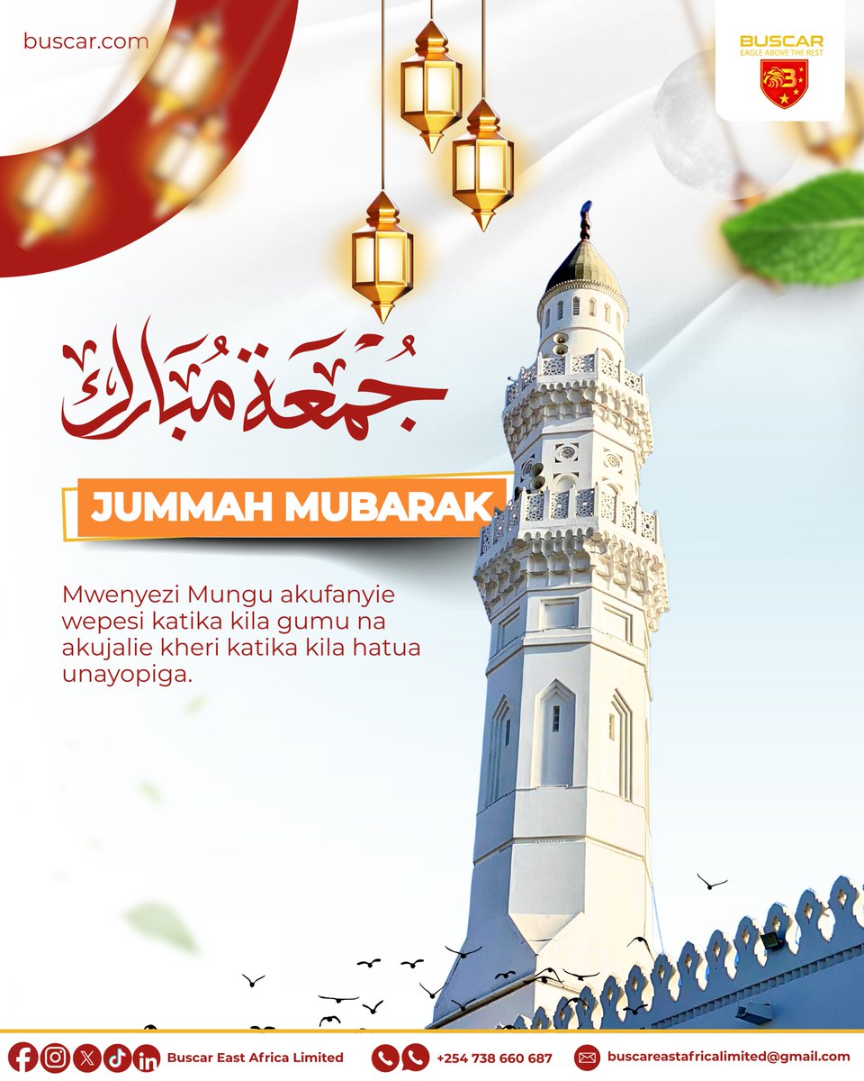 Jumuah Mubarak! 🕌✨

Mwenyezi Mungu akufanyie wepesi katika kila gumu na akujalie kheri katika kila hatua unayopiga.

Tunakutakia Ijumaa yenye amani na safari zenye usalama popote ulipo.

Daima tunajivunia kuwa Eagle Above The Rest.

Weka nafasi yako:

📞 Piga: +254 738 660 687