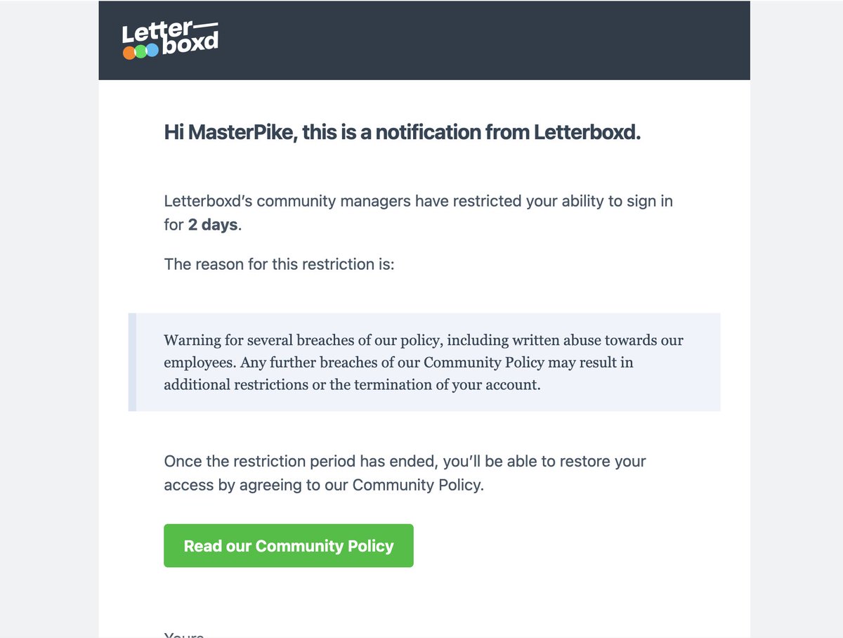 BryanNPike's tweet photo. @letterboxd you gutless cowards. Thank you for reinforcing just how little my quality of experience as a user matters to you. I dare to challenge your policies and you respond by limiting access to my own account. I criticised you as an organisation and your response: "Shut up" https://t.co/SCouDA2b7h