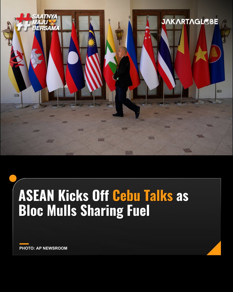 thejakartaglobe's tweet photo. ASEAN leaders meet in Cebu to finalize a regional fuel-sharing pact! With the Iran war disrupting global supplies, the bloc eyes strategic oil reserves to keep prices stable and energy flowing.
#ASEAN2026 #FuelSharing #JakartaGlobe https://t.co/SUPJlD8Pbt