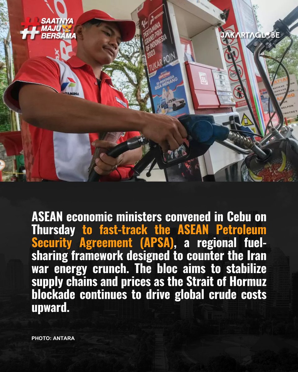 thejakartaglobe's tweet photo. ASEAN leaders meet in Cebu to finalize a regional fuel-sharing pact! With the Iran war disrupting global supplies, the bloc eyes strategic oil reserves to keep prices stable and energy flowing.
#ASEAN2026 #FuelSharing #JakartaGlobe https://t.co/SUPJlD8Pbt