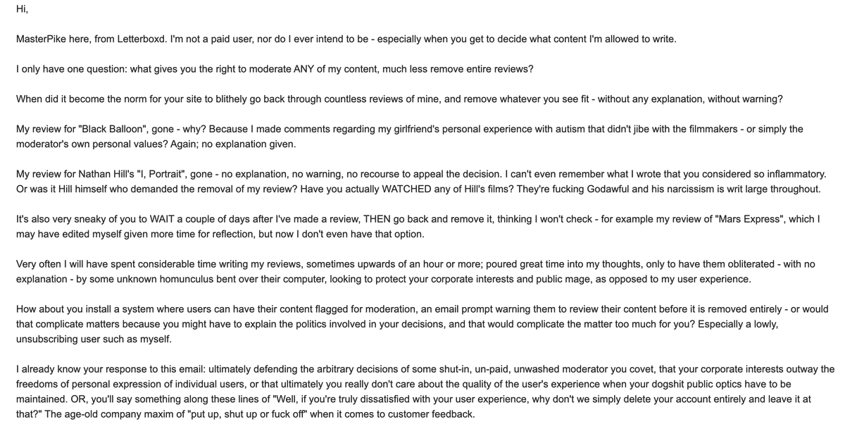 BryanNPike's tweet photo. My email that resulted in my account being suspended for two days. You'll notice - unlike what @letterboxd claim - I never attacked anyone directly - because I don't know who these anonymous moderators are. These faceless people who get to decide what I can or cannot write. https://t.co/glAJuM9m4v