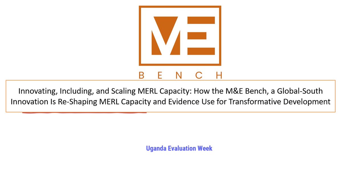 evaluationbench's tweet photo. As Uganda Evaluation Week 2025 comes to a close, we are deeply honored and grateful to have had the opportunity to present the global contribution of M&E Bench toward strengthening Monitoring, Evaluation, Research, and Learning (MERL) capacity.

Our presentation, titled: “Innovating, Including, and Scaling MERL Capacity: How M&E Bench is Re-shaping MERL Capacity” was warmly received, and we are excited by the meaningful conversations, new connections, and promising collaborations already emerging from the engagement.

In a room filled with evaluators, practitioners, researchers, policymakers, and development actors from Uganda, Tanzania, Kenya, Somalia, South Africa, and beyond, it was inspiring to witness firsthand the growing recognition of practical, inclusive, and ecosystem-driven approaches to MERL capacity strengthening.

We shared how the M&E Bench model is demonstrating that:
- MERL learning can be practice-based and globally connected
- Digital ecosystems can democratize access to knowledge and mentorship
- Cross-country and cross-sector collaboration can strengthen evidence use
- Global South-led innovations can offer scalable solutions for institutional learning and accountability

It was particularly encouraging to have colleagues and witnesses from South Africa and other countries already familiar with the growing impact and reach of M&E Bench in the room.

As we continue building bridges across generations, sectors, and countries, we remain committed to transforming evidence into action and strengthening communities of learning that create real-world impact.

We extend our heartfelt congratulations to Uganda Evaluation Association on celebrating 25 years of advancing evaluation practice and for organizing such an impactful and inspiring Evaluation Week.

Thank you for creating a platform that continues to shape the future of evidence, accountability, learning, and development across Africa and beyond.

The future of MERL is collaborative, inclusive, and globally connected.
