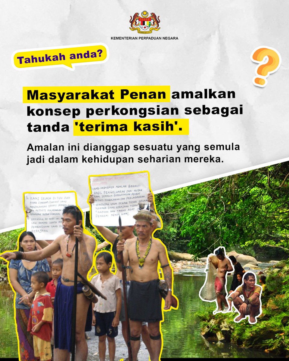PerpaduanNegara's tweet photo. Kaum Penan ialah peribumi pedalaman Sarawak yang asalnya merupakan pemburu-pemungut nomadik terakhir di Borneo. Dalam masyarakat Penan, amalan berkongsi bukan sekadar kata-kata ia merupakan cara hidup.

Kredit gambar: Amazing Borneo Tours

#NegaraBangsa https://t.co/RVxK1sFmTV