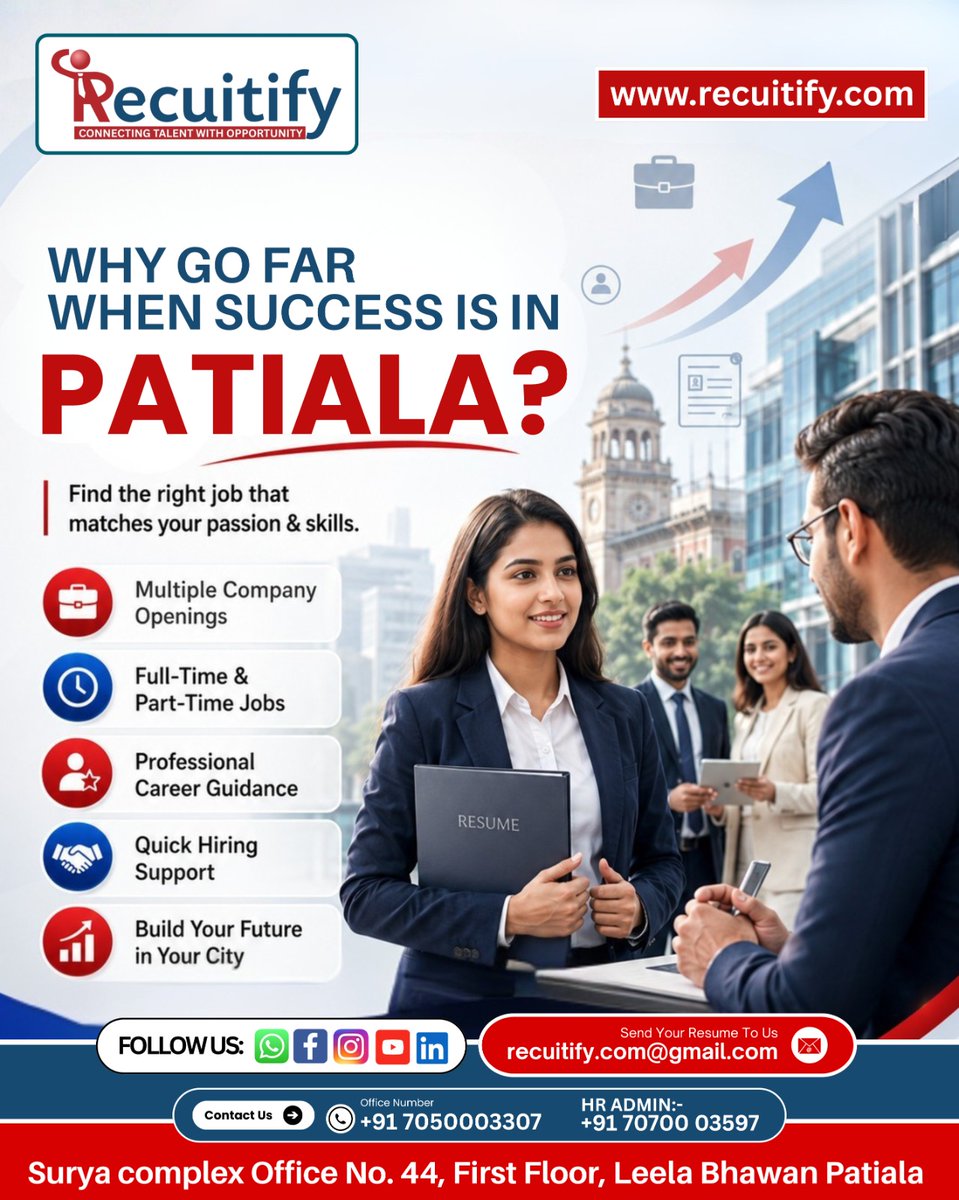 recuitify43497's tweet photo. 🚀 Why go far when success is right here in Patiala? 💼✨
Find the perfect job that matches your passion &amp; skills 🌟
✅ Multiple Company Openings
✅ Full-Time &amp; Part-Time Jobs
✅ Professional Career Guidance
✅ Quick Hiring Support
Build your future in your own city today! 📈 https://t.co/oGiUENRtGg