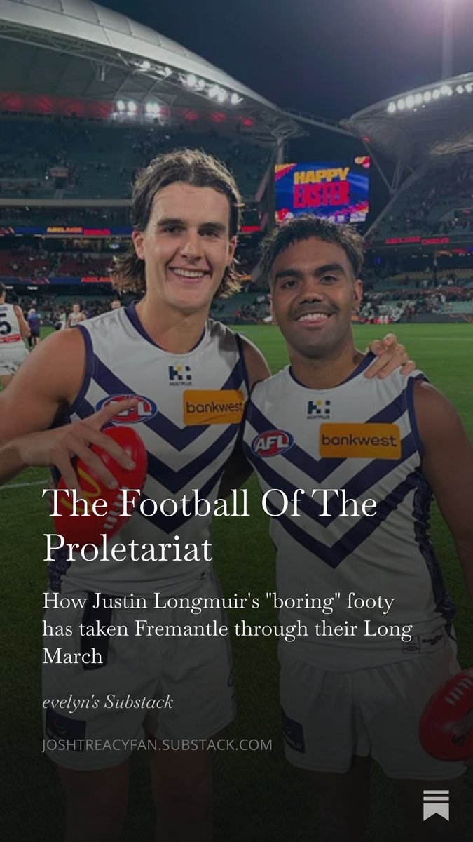 joshtreacyfan's tweet photo. hi guys :) my names evelyn, ive been a dockers fan since birth and i decided to write about something thats bothered me about the way freo's game style is viewed by the vic media. this is my first time writing something like this so all feedback is appreciated! link below https://t.co/81HxhJblfJ