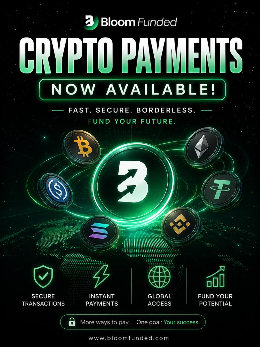 bloomfunded's tweet photo. Crypto payments are now available on Bloomfunded.
You can now access our evaluation programs using supported digital assets for a faster and more flexible experience.
Built for traders who value simplicity and accessibility.
#Bloomfunded #CryptoPayments #TradingChallenge #DigitalAssets
Disclaimer:
Bloomfunded provides evaluation services using simulated funds. Any rewards are based on performance within a simulated environment and do not represent real investment returns. Trading involves risk.