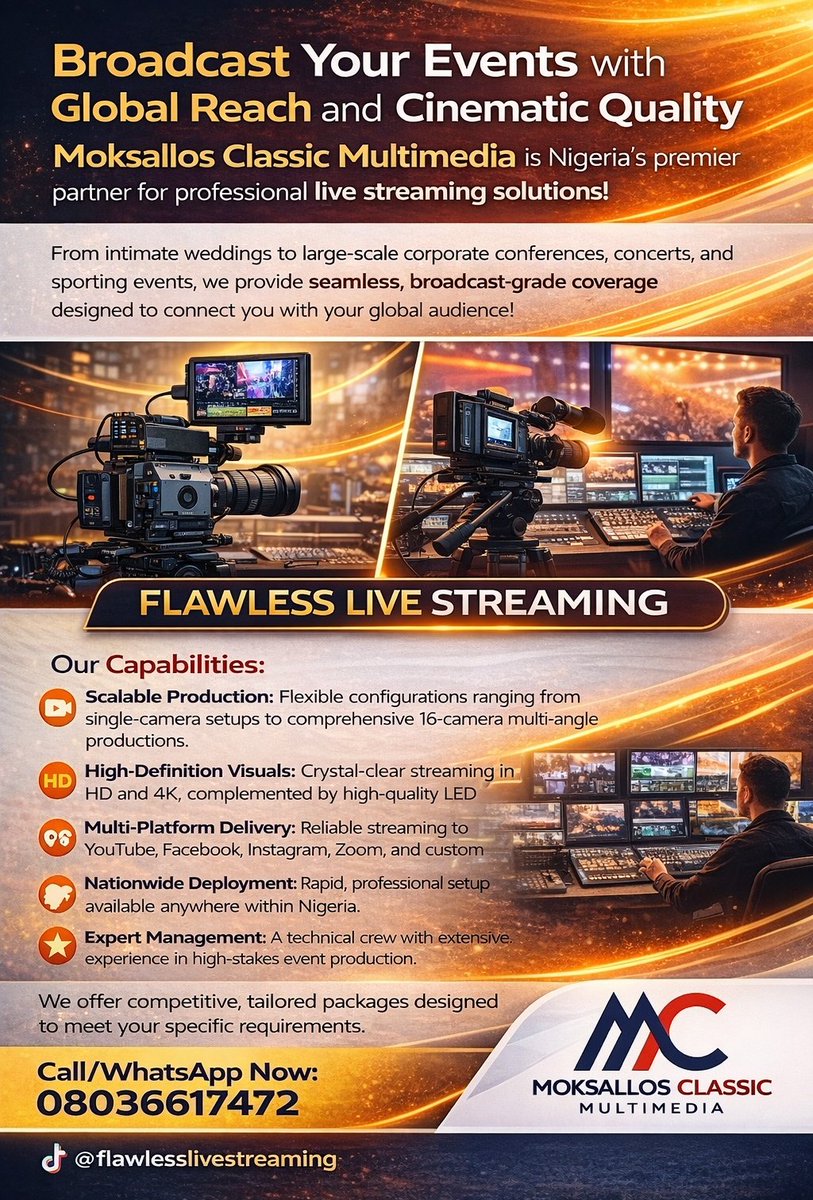 moksallos's tweet photo. @instablog9ja 🚀 LIVE STREAM YOUR EVENT IN FLAWLESS 4K.
 we're Nigeria's trusted expert for zero-downtime coverage. From conferences to weddings, we handle 1 to 16 cam for a stunning, multi-angle view.
Stream on YouTube, Facebook, Zoom... HD &amp; 4K Quality
Call/WhatsApp 08036617472 https://t.co/m4W6ymVbO1