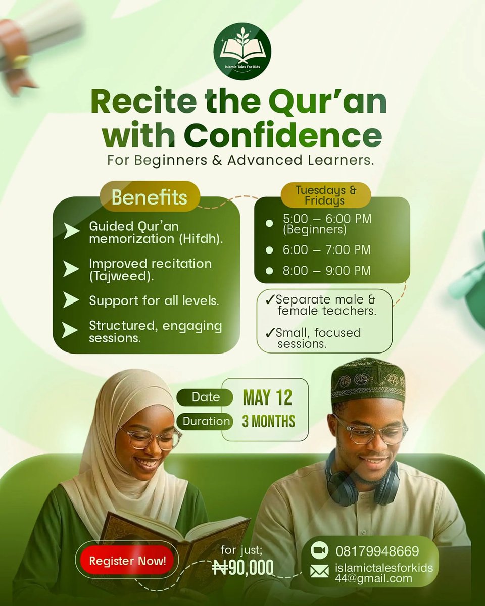 Omonegho04's tweet photo. Adult Classes Registration is ongoing and closes on the 11th of May.  
Secure your spot today, and let’s begin this beautiful journey of the Qur’an together, one step at a time. 

May Allah make it beneficial for us. Aameen https://t.co/OqjYX2Y4tk